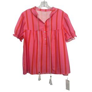 Falechay Short Sleeve Blouse Large Pink Orange New Striped Tassel Tie Neck
